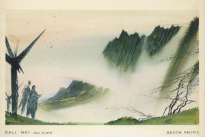 Image of an mountains covered in fog, illustration.