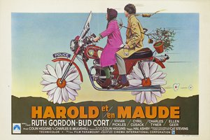 Harold et/en Maude poster, two individuals on a motorbike, wheels are flowers